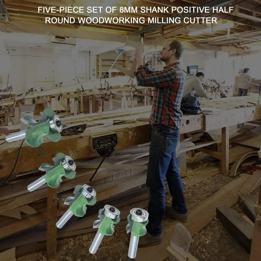 

5pcs/set Shank Bullnose Half Round Bit Endmill Milling Wood Flute Bearing Woodworking Tool Milling Cutter