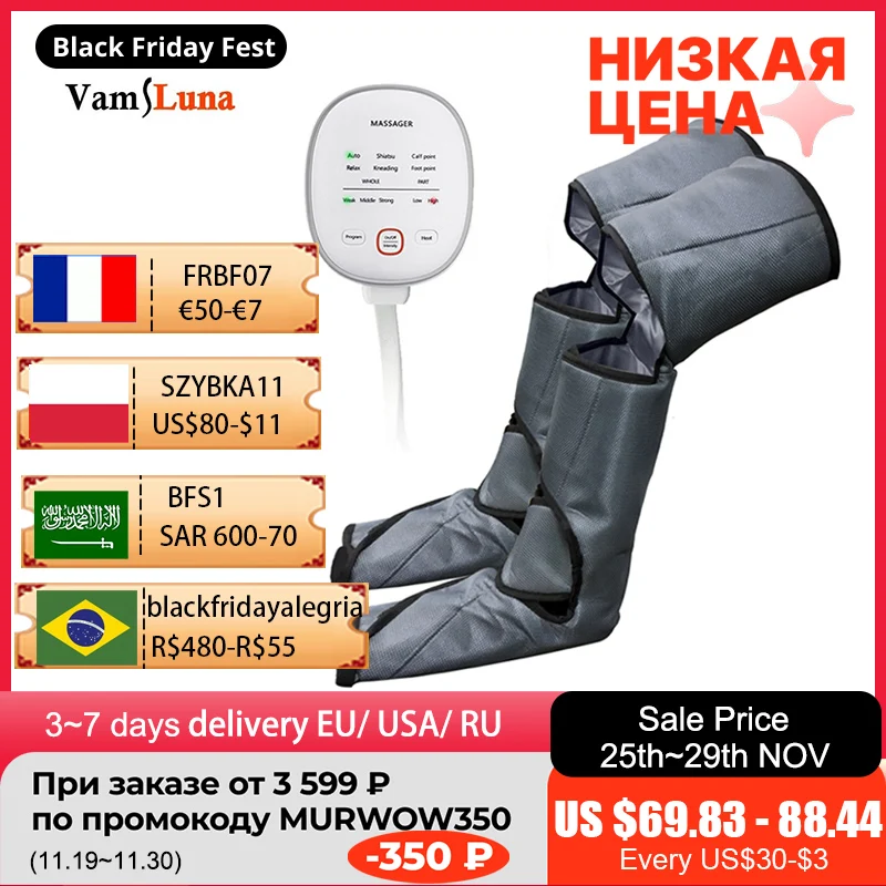 

New Leg Air Compression Massager Heated for Foot and Calf Thigh Circulation with Handheld Controller 2 Modes 3 Intensities