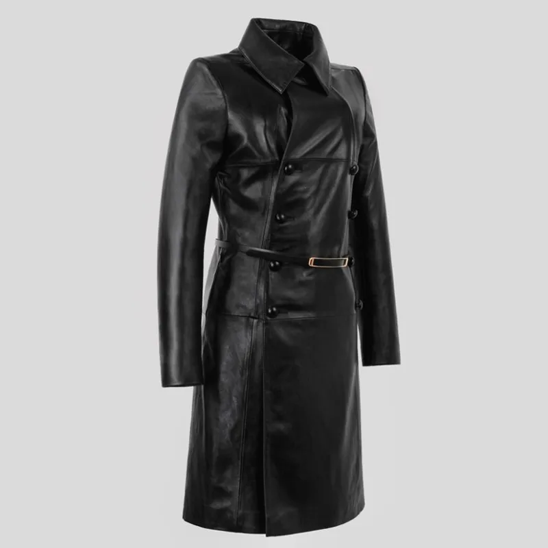 

Long Trench Double Women Breasted Belted Slim Fit Genuine Leather Jacket Military Female Sheepskin Coat Office Ladies Jackets