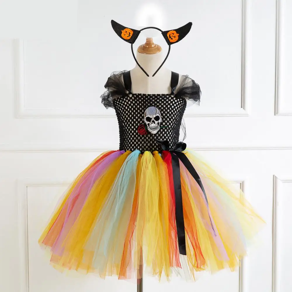 2019 детское платье-пачка с радужным черепом для девочек Нарядный костюм на