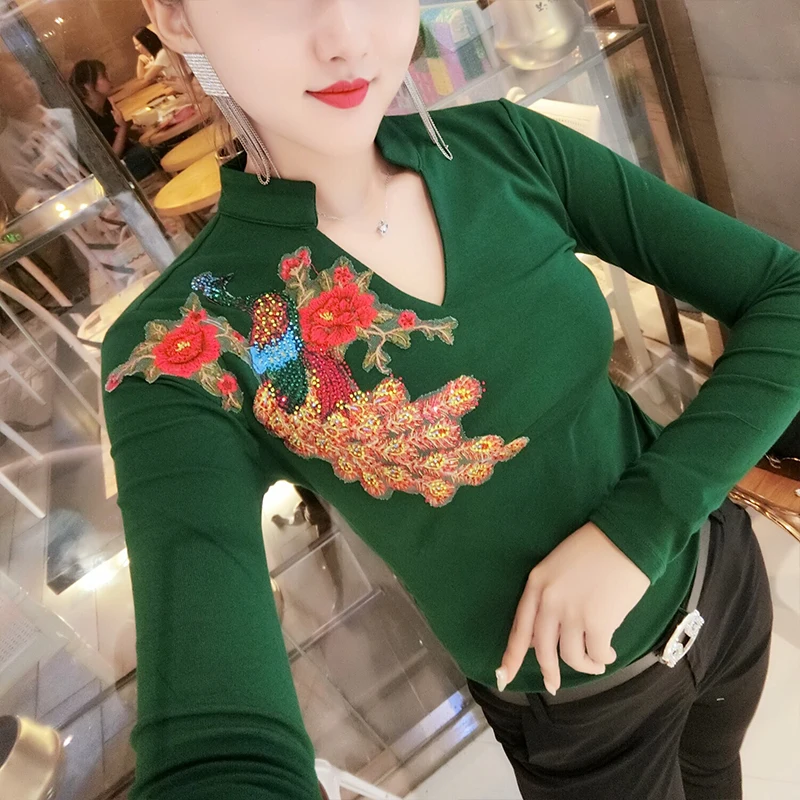 Green tshirt Модная Корейская футболка с вышивкой павлина Dimonds; Новинка года; осенне-зимний топ с длинными рукавами; облегающая одежда; Camiseta Mujer; черный цвет; T98108 - Цвет: Green tshirt