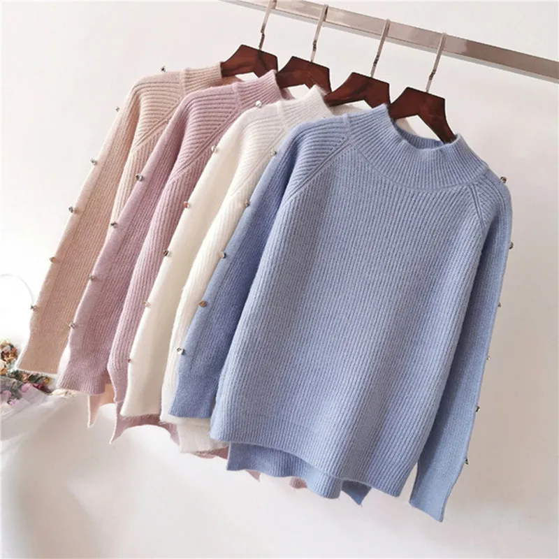 Короткий Свободный Асимметричный вязаный пуловер Топ Половина Водолазка кнопка