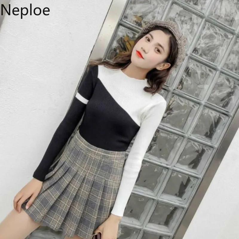 Neploe Bottom Sweater Women 2020 New Autumn Winter Fashion Half High Collar Skinny Slim Pull Femme Color Match Knit Top 46647 | Женская