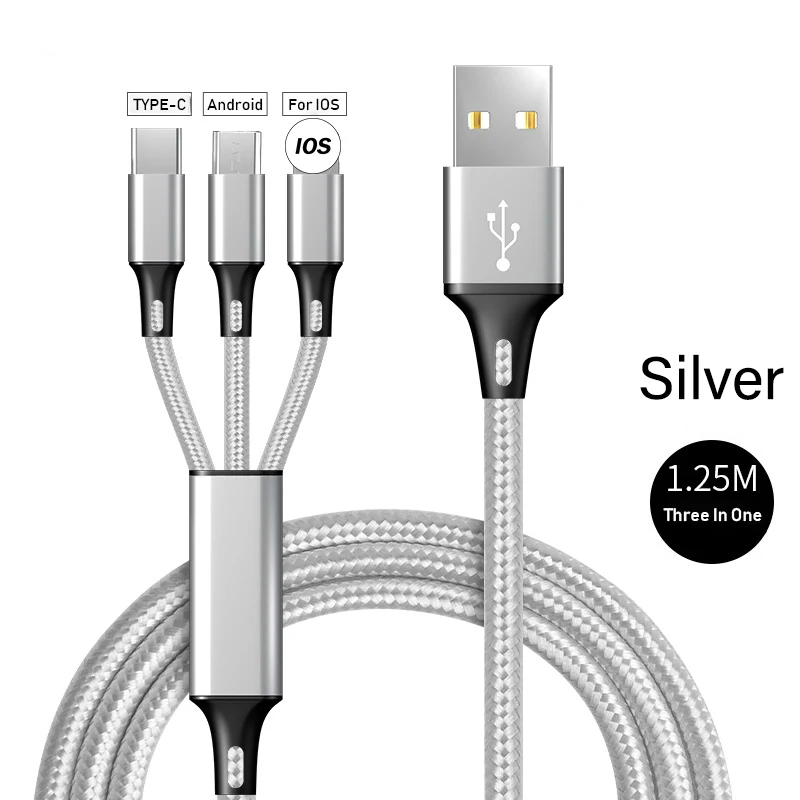 Silver 3 в 1 USB кабель для iPhone XS Max X 7 2.4A Быстрая зарядка зарядное устройство type-C Micro USB кабель для samsung S10 мобильный телефон USB C шнур - Тип штекера: Silver