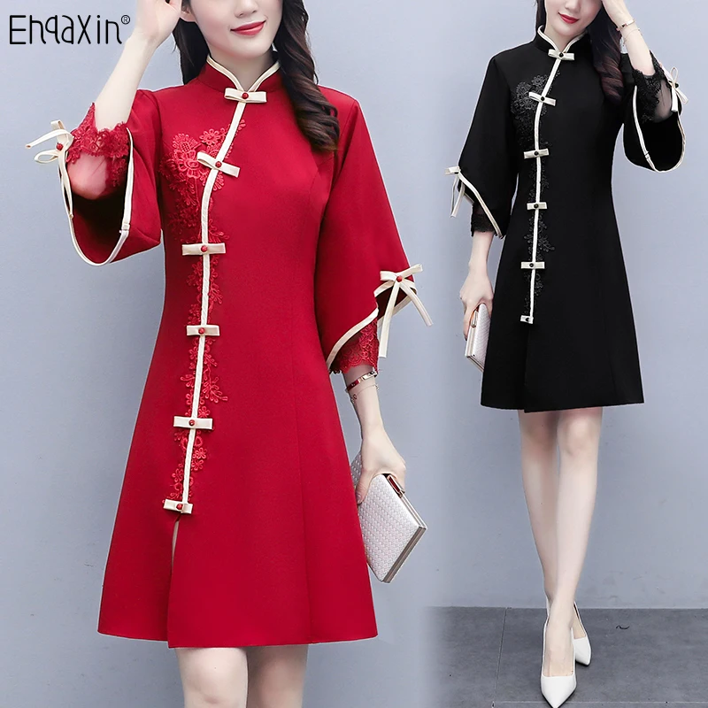

EHQAXIN 2022 New Cheongsam Dress Spring Elegant Lace Stitching Retro Button A-Line Dresses Female Ethnic Style L-5XL