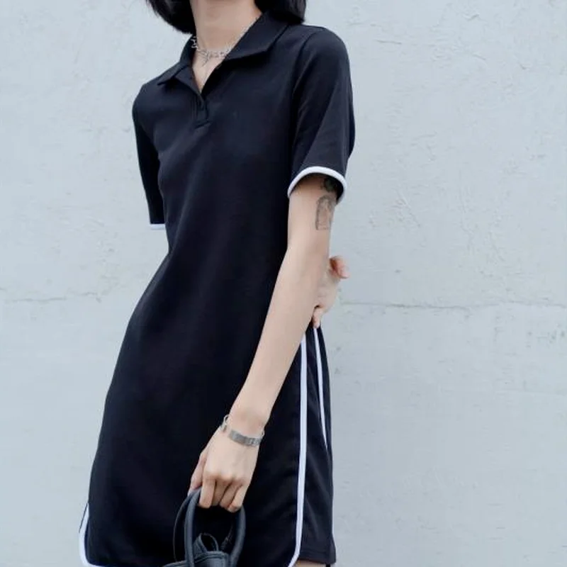 

Dresses Women Short Sleeve Black Patchwork Side-slit Loose Waist Streetwear Dress Classic Simple Soft Popular College Fashion