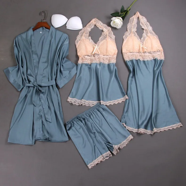 

Women Pajamas Sets 4 Pieces Satin Sleepwear Pijama Silk Home Wear Lace Chest Pads Spaghetti Strap Sleep Lounge Pyjama