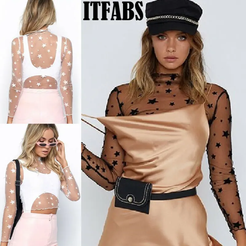 Женские кружевные рубашки с принтом звезд женские ажурные Короткие топы в сетку