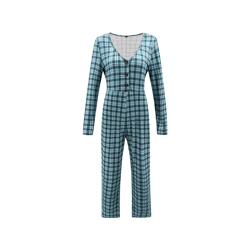

Fashion Women's V-neck Sexy Slim-fitting Waist Plaid Long-sleeved Trousers Jumpsuit Women Jumpsuits 2020