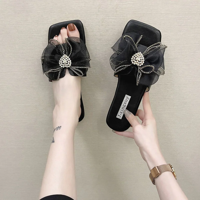 

Flat Shoes Female Butterfly-Knot Slippers Casual Summer Clogs Woman Pantofle Slides Luxury Beach 2021 Fashion Butterfly-knot PU