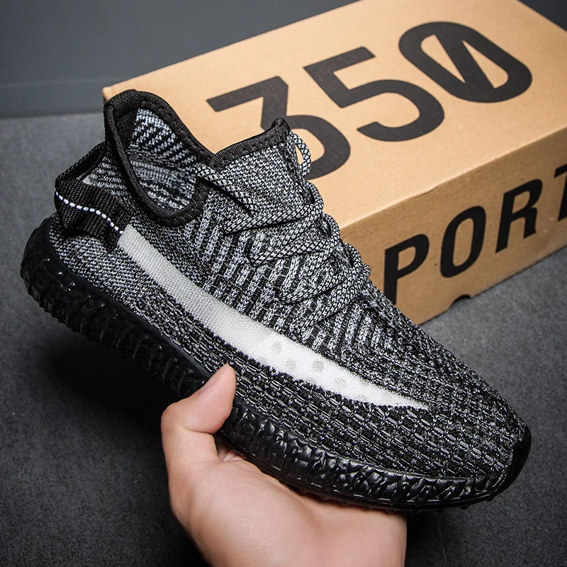 Men's handmade breathable flying woven running striped lace soft bottom sneakers trend wild fashion casual flat shoes