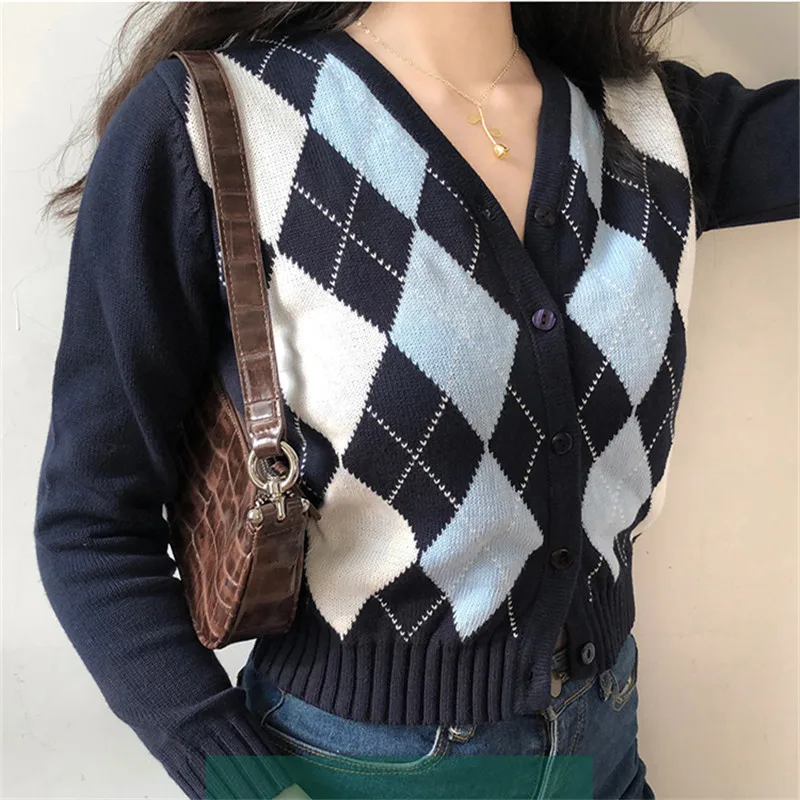 Women Cardigan Argyle Knit Sweater Vintage Stylish Geometric Pattern Slim Crop Top V-Neck England Style Long Sleeve Outerwear |