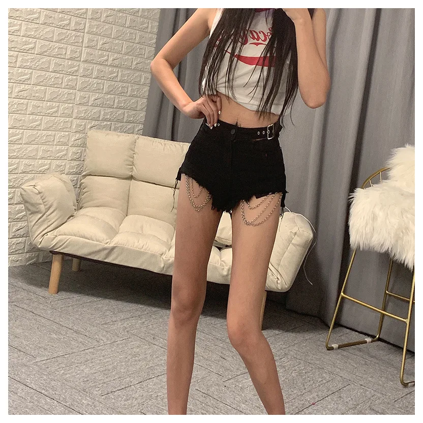 

CGC 2021 Fashion Summer Women High Waist Jeans Shorts Casual Chain Washed Denim Shorts Female Loose Korean Shorts Streetwear