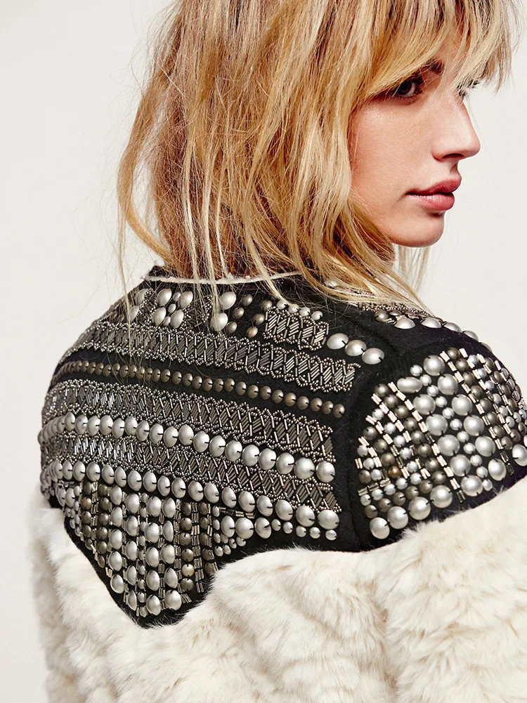 

Women's Winter Autumn Rivet Patchwork Fake Rabbit Fur Jackets Female Beading Female Elegant Fur Outwears Faux Fur Coats K1184