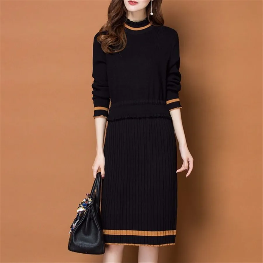 

Fashion 2 Piece Set Women Suit Knitted Long sleeve Sweet Sweater + Pencil Skirts 2pcs Skirt Sets