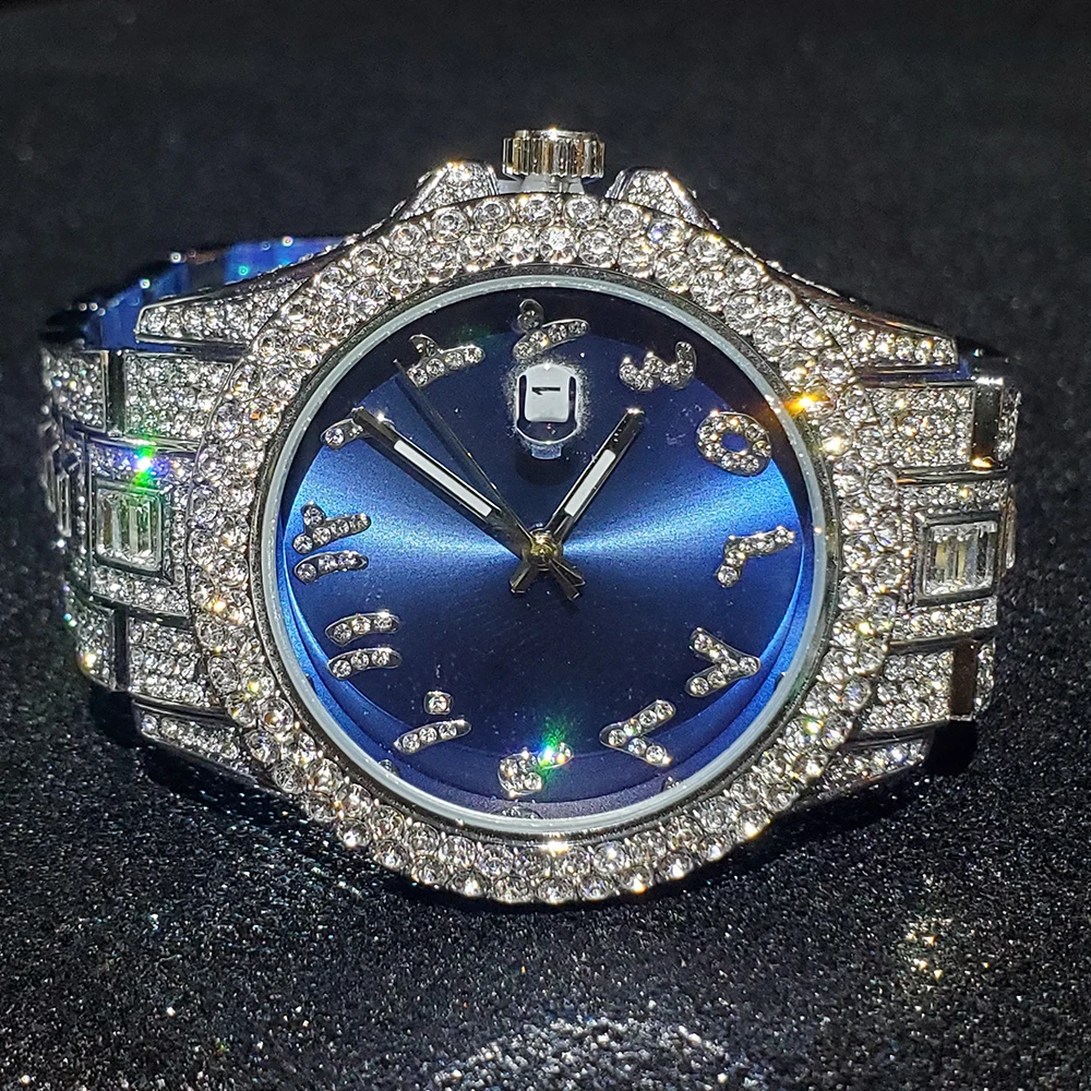 

Hip Hop MISSFOX Arabic Numerals Diamond Blue Men Watch Top Luxury Brand Iced Out Watch Men Steel AAA Rolexable Quartz Wristwatch