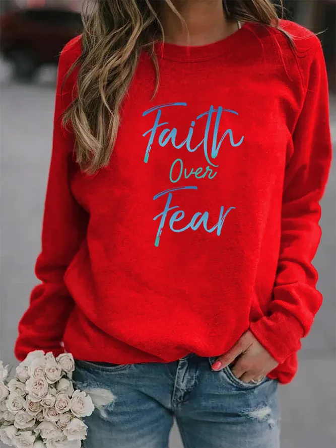 Women Hoodie Faith Over Fear Letter Printed Hoodies Women Fleece Long Sleeve O Neck Loose Sweatshirt Girls Pullovers Winter