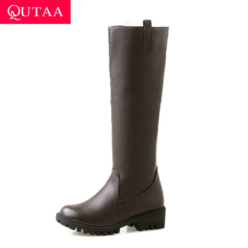 QUTAA/ г. Новые осенне-зимние универсальные сапоги до колена на квадратном среднем каблуке Женская обувь из искусственной кожи с круглым носком на молнии Большие размеры 34-43