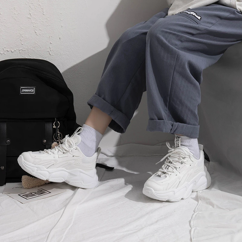 

Women Platform Chunky Sneakers Casual Lace Up Women's Sports Shoes Breathable Tennis Basket Female Autumn Vulcanized Shoes White
