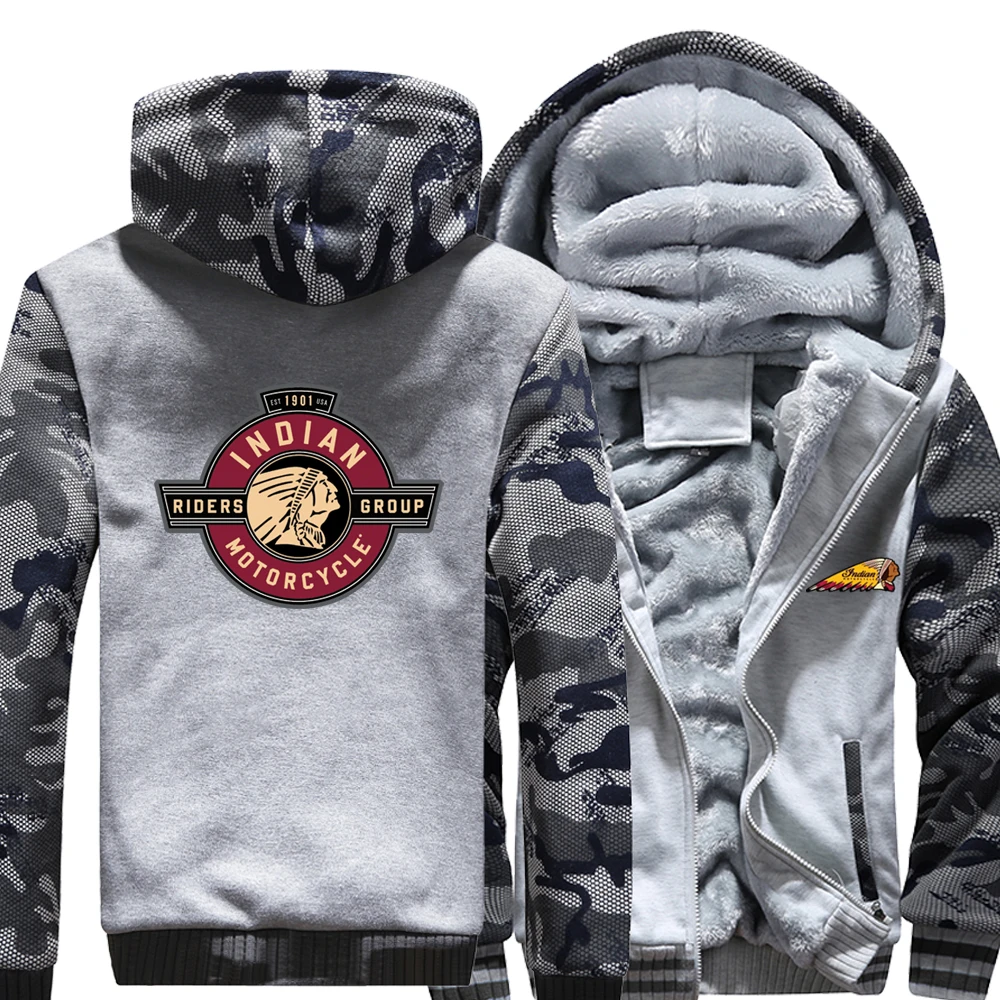 

Winter Indian Motorcycle Hoodies Mens Camouflage Sleeve Jacket Coat Fleece Fashion Thicken Man Long Sleeve Zipper Sweatshirt Top