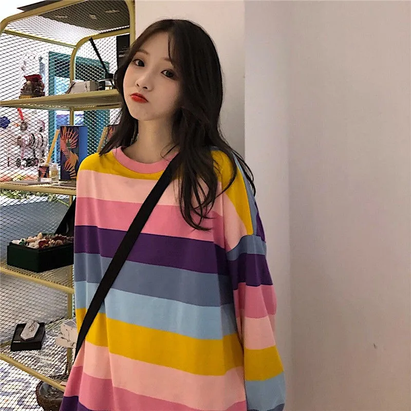 Одежда в Корейском стиле Сезон осень c бантом полоску цветастой радуги для детей
