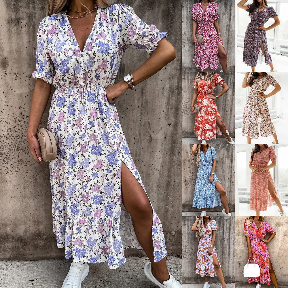 

Women 2021 Summer V Neck Button Split Long Dress Gorgeous Floral Print Party Dress Spring Short Sleeve A-Line Maxi Dress