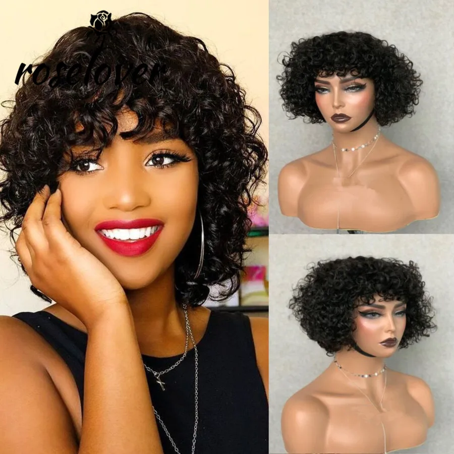 

Кудрявые короткие волосы челка боб парик с челкой не кружевные передние парики для черных женщин Remy Предварительно выщипанные с детскими в...