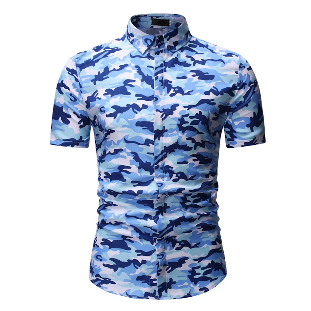 

Camouflage Pattern Square Neck Summer Cotton Blend Casual Daily Short Sleeve Fashion Men Shirts