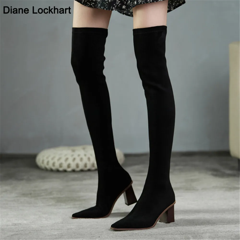 

High Quality Kid Suede Sexy High heels Thick Heel Long Boots Stretch Thigh High Boots Autumn Winter Over-the-knee Thigh Boots