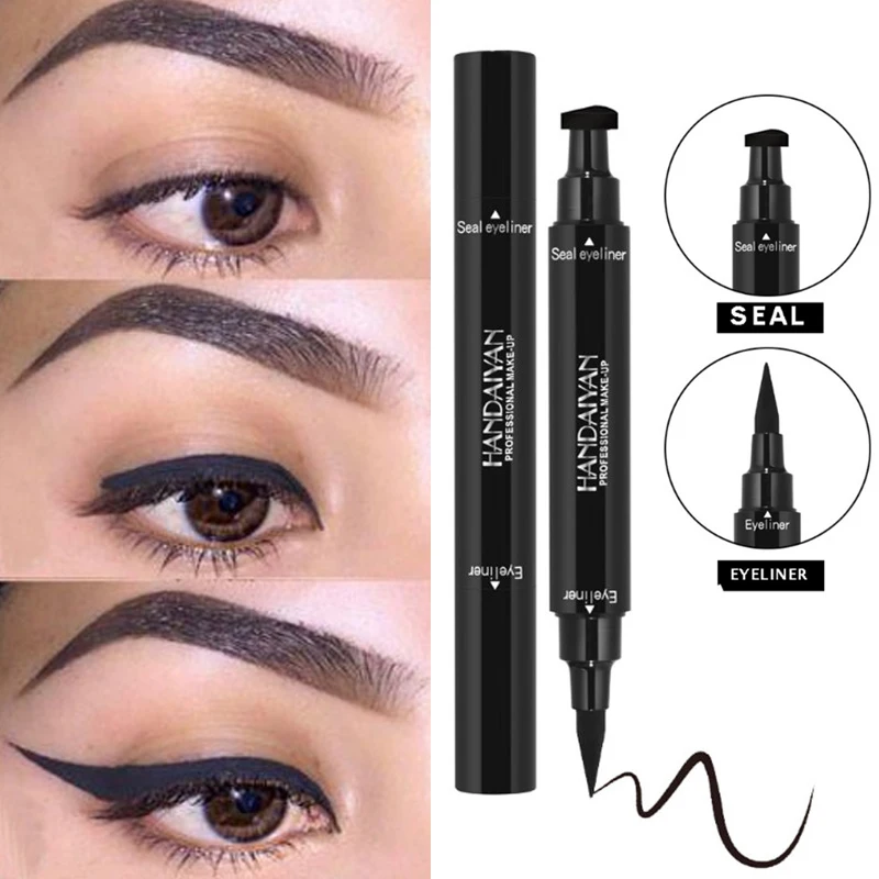 

2 In 1 Eyeliner Stamp Liquid Eyeliner Pencil Makeup Stamp Seal Pen Eyeliner Waterproof Quick Dry Triangle Seal Black Eye Liner