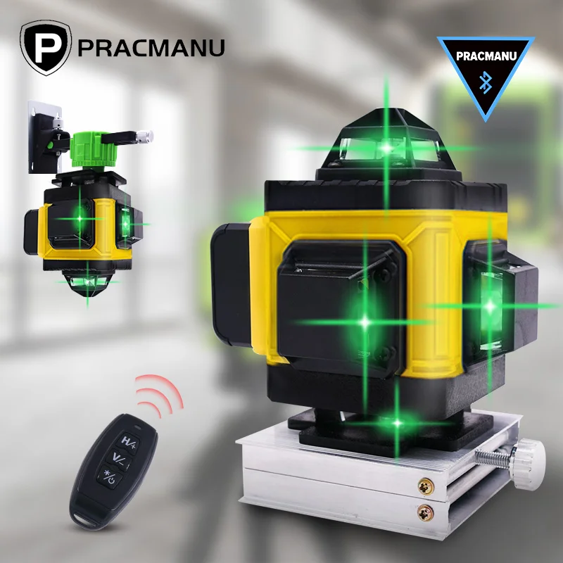 Pracmanu 12/16 линии 3D/4D лазерный уровень 360 ° горизонтальный и вертикальный крест зеленые линии автоматическое самонивелирующееся приложение дистанционное управление - изображение