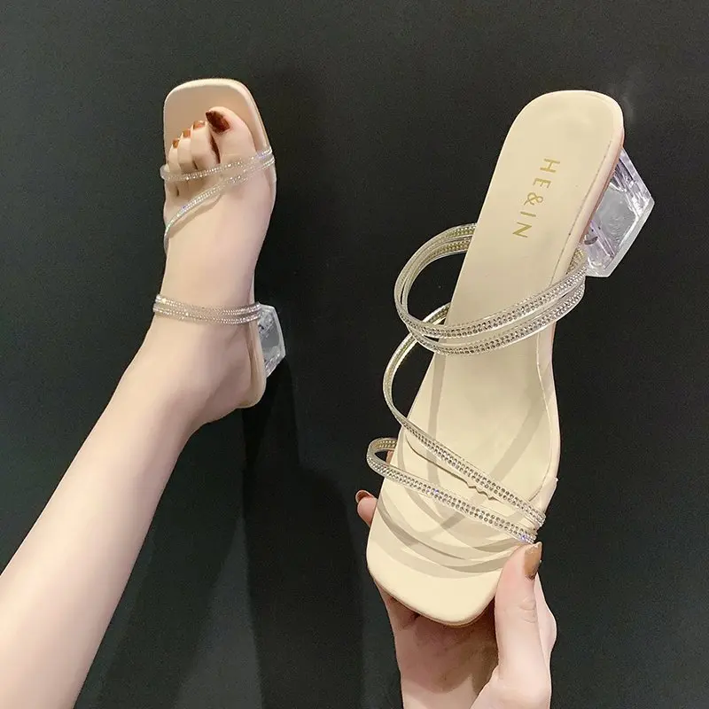 

Akexiya Transparent High Heels Women Slippers Summer Shoes Celebrity Simple Style PVC Clear Strappy Bling Square Heels Woman