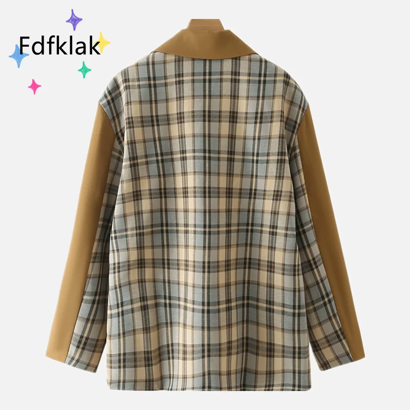 

Fdfklak Camel Blazer Female Spring Autumn Long Sleeve Drape Lattice Women's Loose Silhouette Suit Turndown Collar Jacket