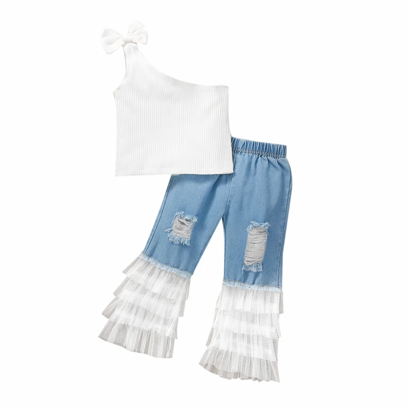 Модный костюм с майкой и брюками для девочек жилет на одно плечо бантом рваные