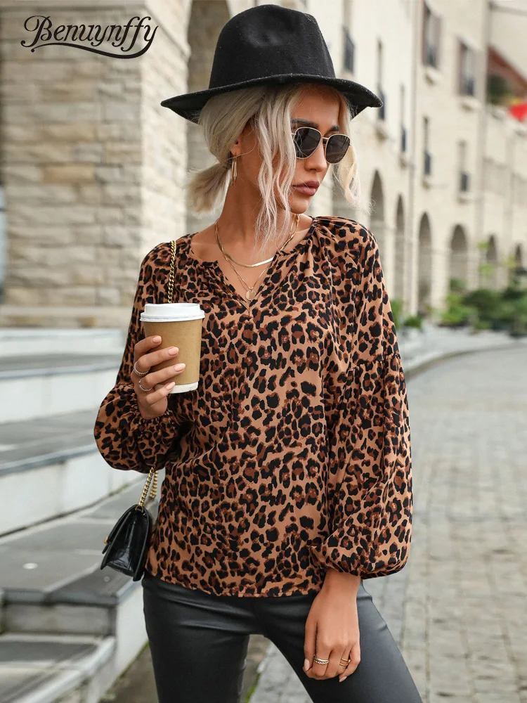 

Benuynffy Notched Neck Leopard Print Lantern Sleeve Blouse Women Spring Fall Chiffon Loose Tops Female Casual Street Blouses