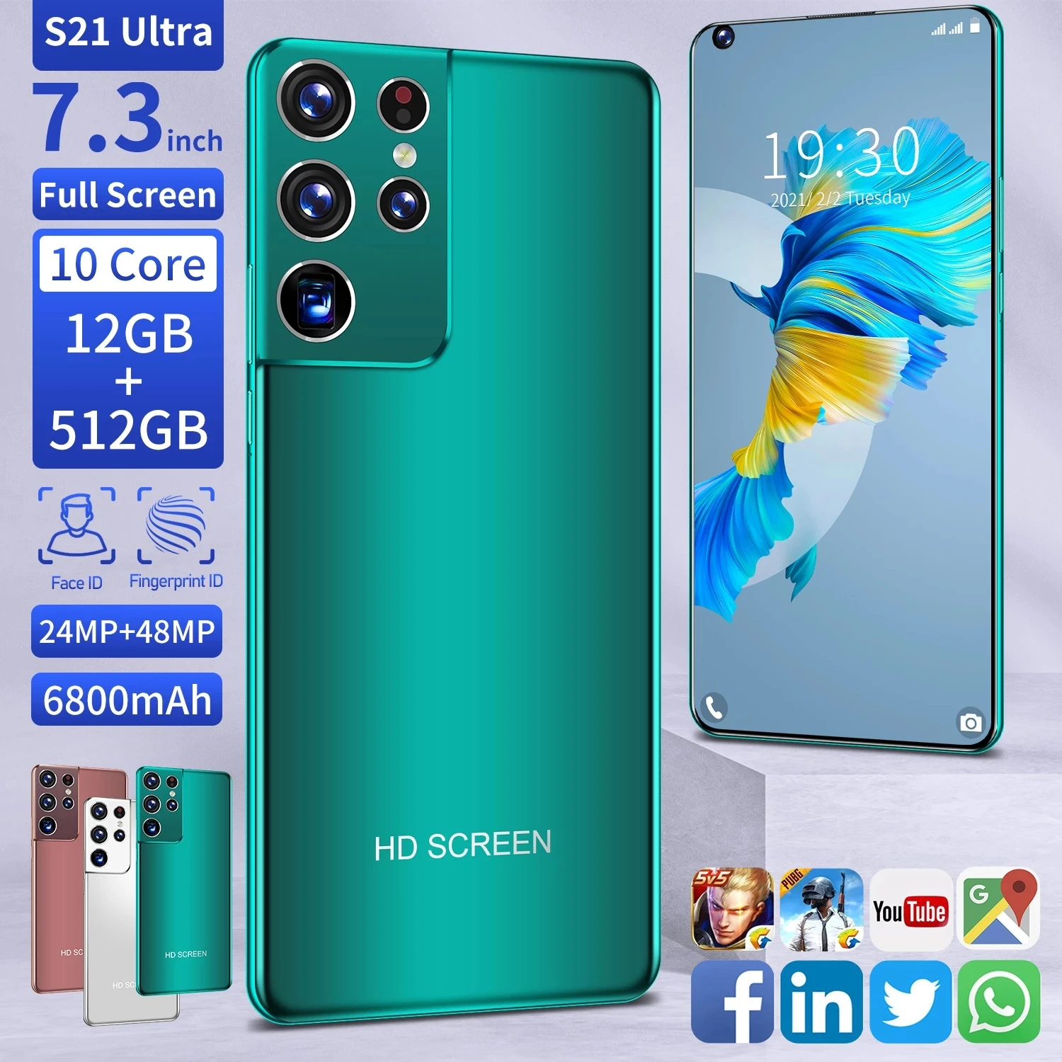

Global Version S21 Ultra 7.3 Inch Cellphone 12GB+512GB MTK6889 10 Core 24+48MP Andriod 10 Phone Dual SIM 4G LTE 5G Smart Phone