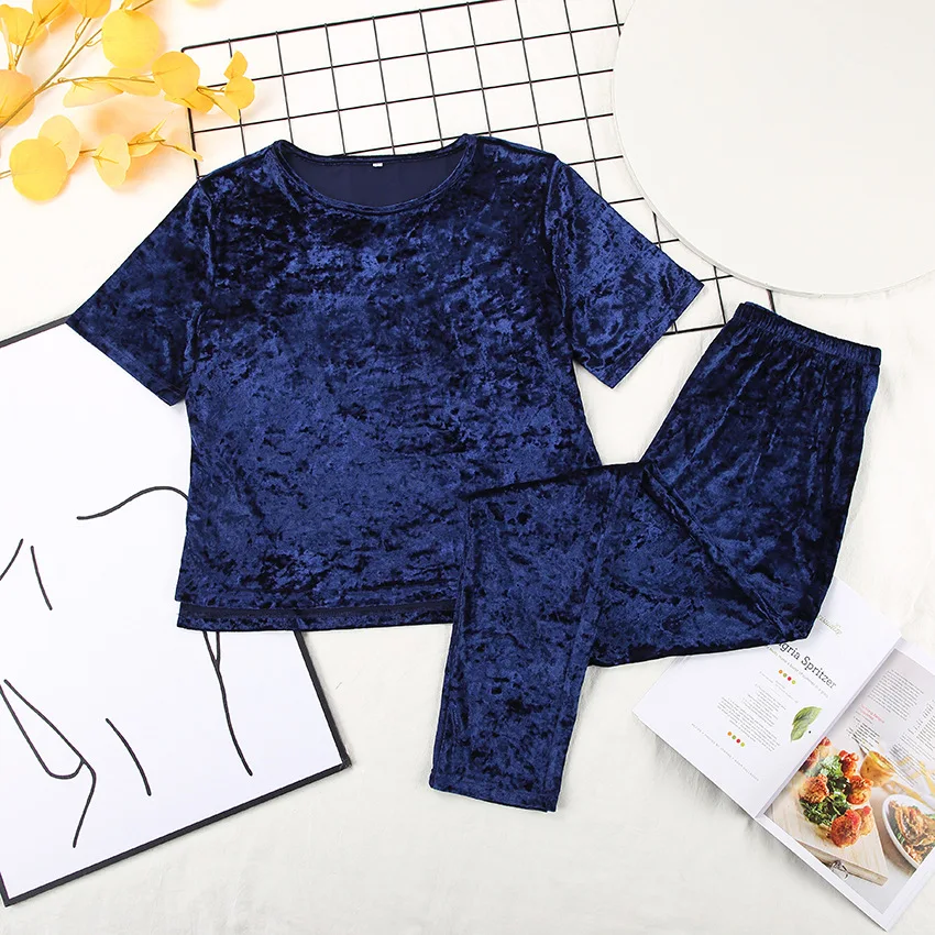 Women Velvet Pajamas Set Elegant Glossy Velour Nightwear Short Sleeve Top and Long Pants Ladies Homewear Loungewear