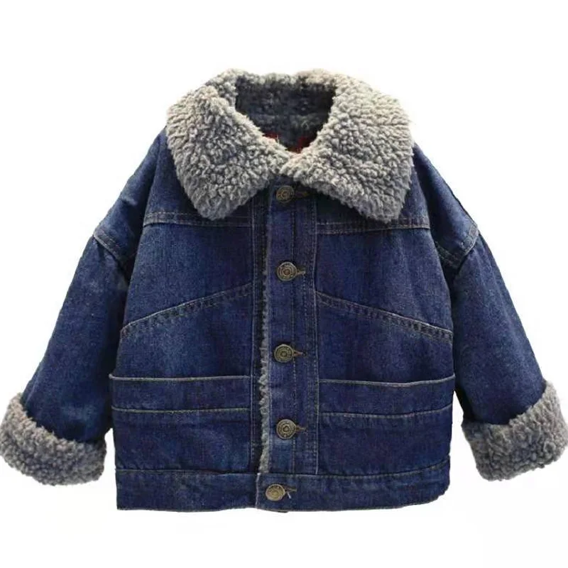 Детское джинсовое пальто для мальчиков и девочек куртка осенне зимняя одежда