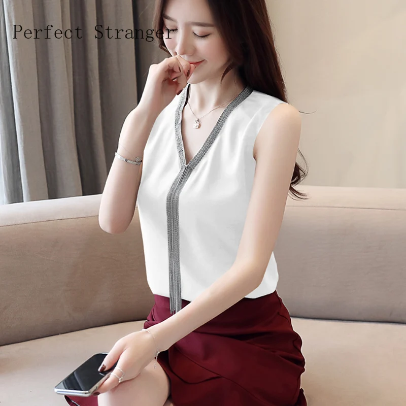 

2020 Summer New Arrival High Quality V Collar Sleeveless Women Chiffon Blouse