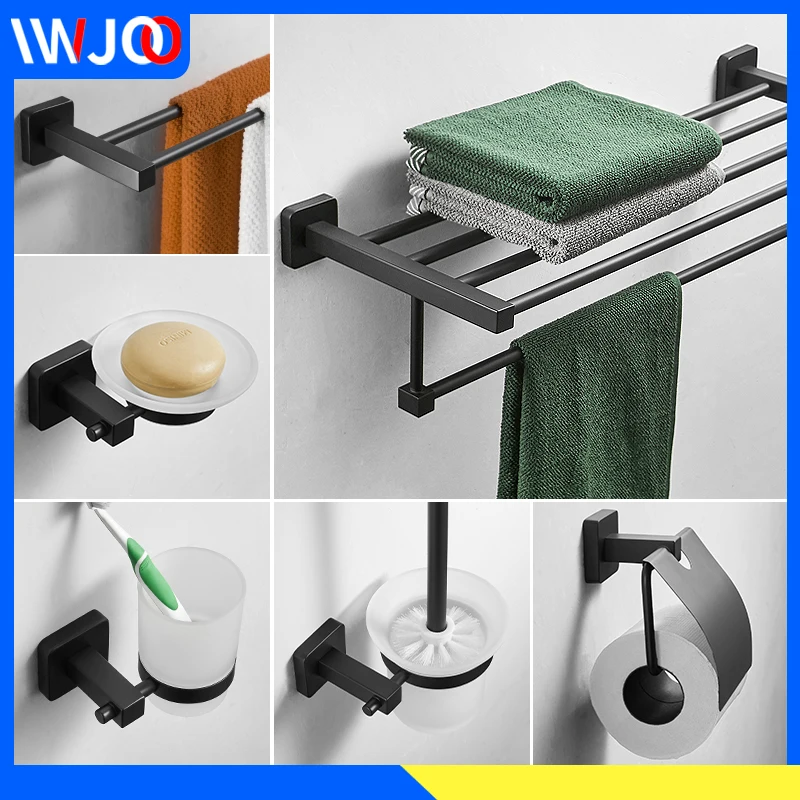 Towel Holder Black Towel Rack Hanging Holder Stainless Steel Towel Bar Wall Mounted Coat Hook Rack Soap Dish Toilet Paper Holder