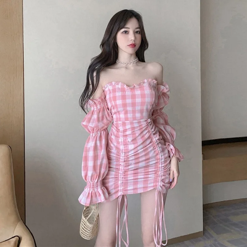 

Women Summer Pink Sweet Plaid Dress Slashi-neck Fairy Dress 2021 Female New High Waist Temperament Short Dresses Cottagecore