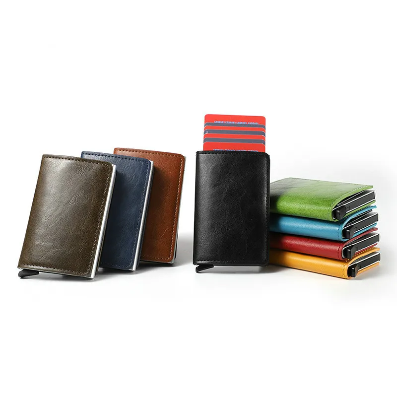 

YAMBUTO Men RFID Smart Card Wallet Vintage PU Leather Minimalist Wallet 2021 Metal Aluminum Thin Mini Wallet Carteira With Box