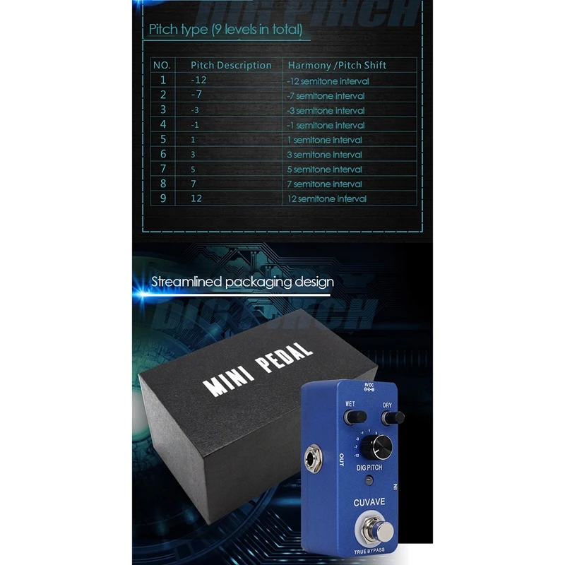 

CUVAVE DIG PITCH Guitar Effect Pedal with 9 Types Pitch Shift +- Oct Pitch Range FulI Metal Shell True Bypass