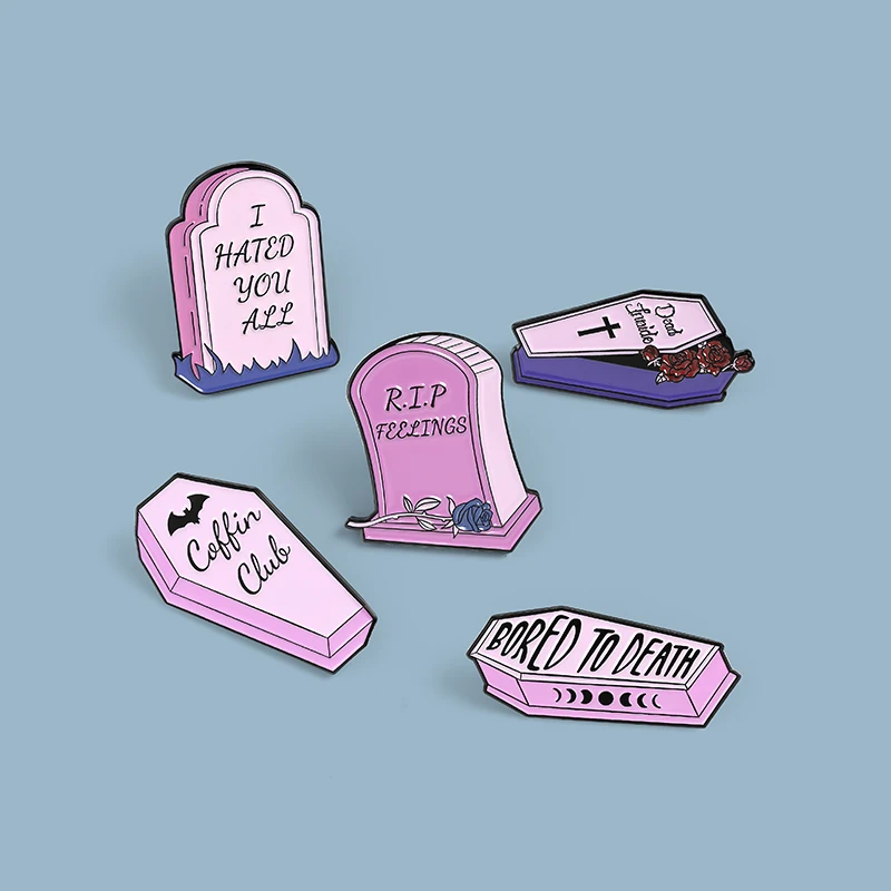 

Funny Quote Enamel Pins Punk Skull Coffin Brooches for Women Gothic Lapel Pin Pink Badge Gravestone Headstones Jewelry Gift