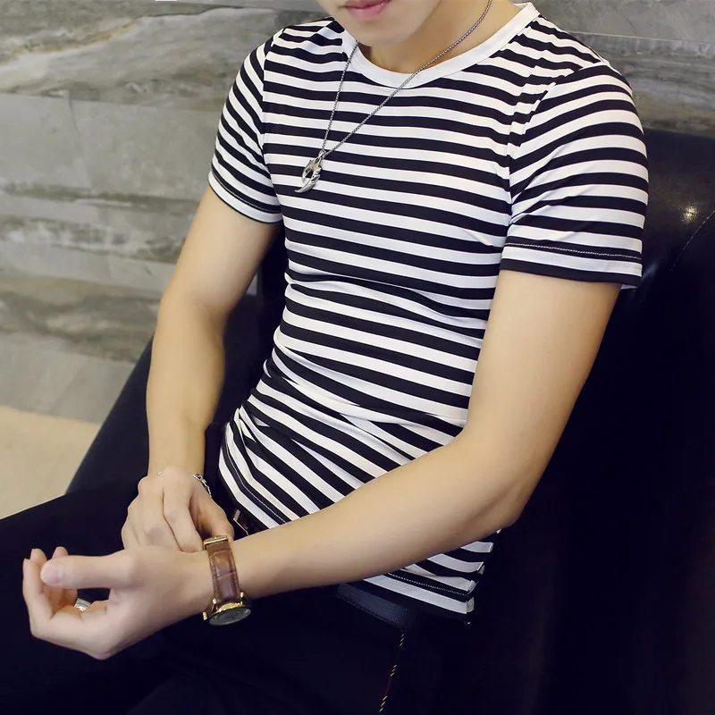 Hot Seller Summer Stripe T-shirt Men's Fashion O-neck Short Sleeve T Shirt Men Clothing Trend Casual Slim Fit Top Tees |