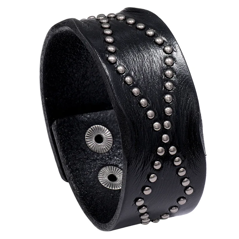 

Wide Leather Bracelet Flat Crafts Genuine Leather Snap Button Buckle Cuff Bangle Gift Men Punk Jewelry