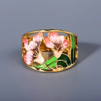 luxury yellow gold color rings for women silver color handmade enamel lotus flower wide ring vintage bohemia jewelry