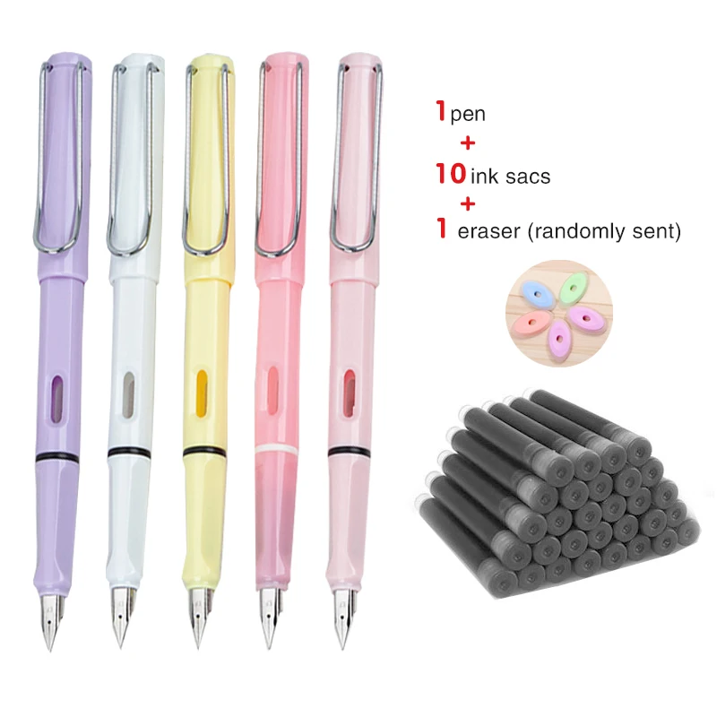 

1 Pen + 1 Eraser + 10 Ink Makaron Pen NIB Student Practice Calligraphy Pens School Office Supplies Gift Stationery Fountain Pen