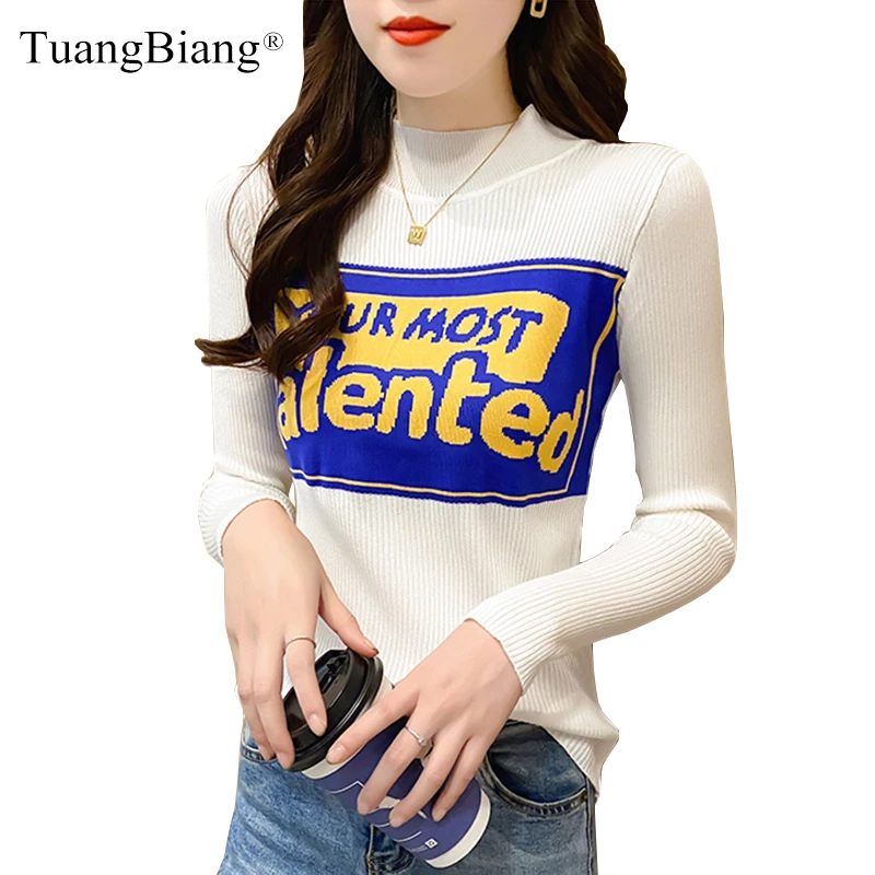 

Женский эластичный пуловер с буквенным принтом, свитер-водолазка с длинным рукавом в уличном стиле, модный трендовый вязаный Топ, осень-вес...