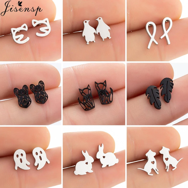 

С рисунком животных из нержавеющей стали, серьги со шпилькой, для женщин, для девочек минималистский призрак, собаки, кролика, рыбы ювелирны...